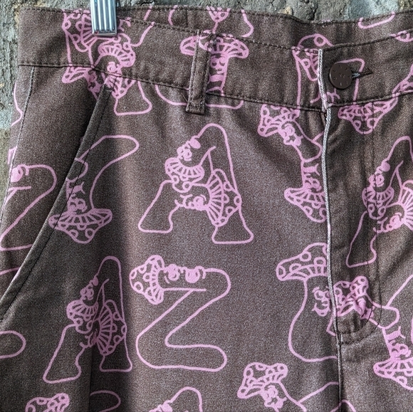 Lazy Oaf Spellout Mushroom People Taper Leg Pants Brown Pink Size US 8 - Picture 2 of 10